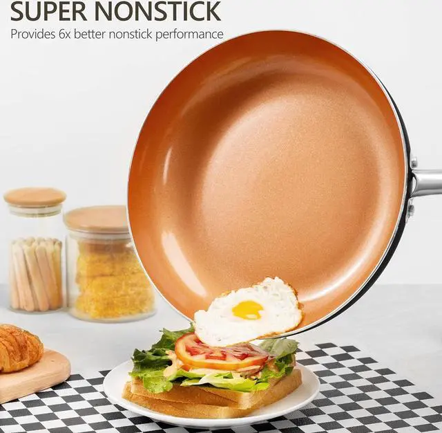 Alt view image 2 of 7 - MICHELANGELO Frying Pan with Lid, Nonstick 8 Inch Frying Pan with Ceramic Titanium Coating, Copper Frying Pan with Lid, Small Frying Pan 8 Inch, Nonstick Frying Pans