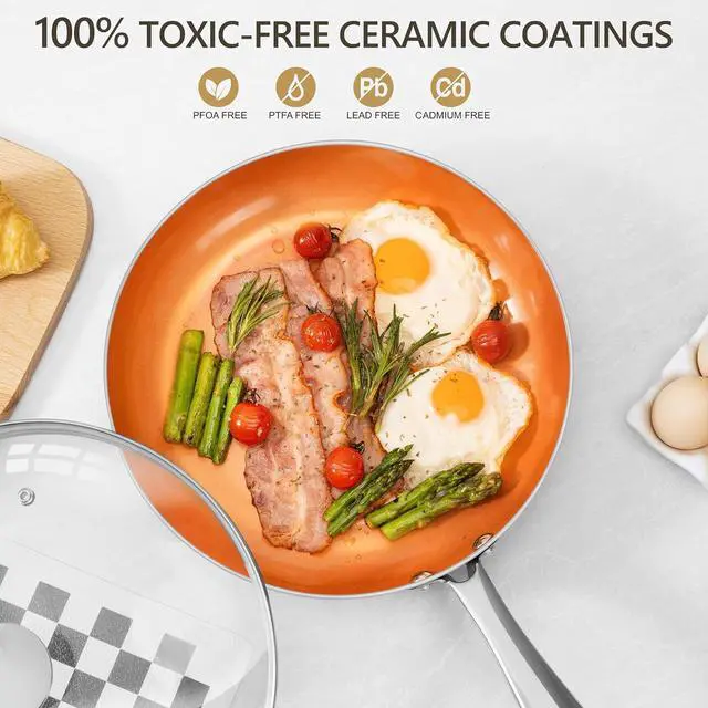 Alt view image 3 of 7 - MICHELANGELO Frying Pan with Lid, Nonstick 8 Inch Frying Pan with Ceramic Titanium Coating, Copper Frying Pan with Lid, Small Frying Pan 8 Inch, Nonstick Frying Pans