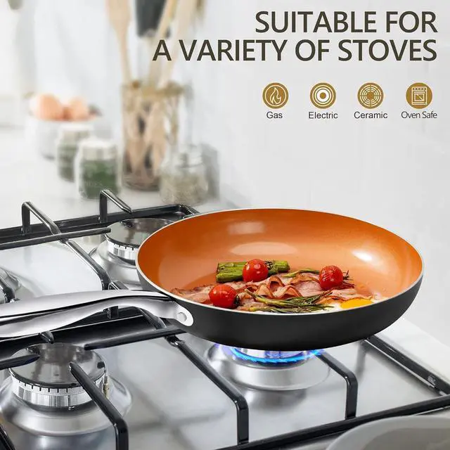 Alt view image 4 of 7 - MICHELANGELO Frying Pan with Lid, Nonstick 8 Inch Frying Pan with Ceramic Titanium Coating, Copper Frying Pan with Lid, Small Frying Pan 8 Inch, Nonstick Frying Pans