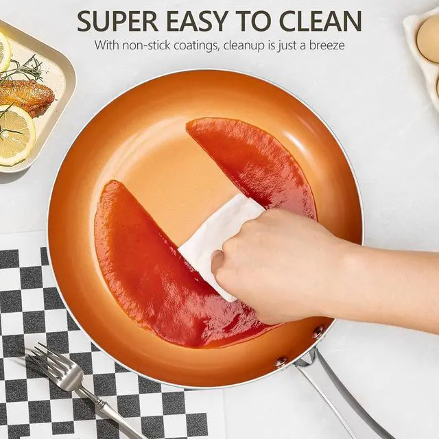 Alt view image 5 of 7 - MICHELANGELO Frying Pan with Lid, Nonstick 8 Inch Frying Pan with Ceramic Titanium Coating, Copper Frying Pan with Lid, Small Frying Pan 8 Inch, Nonstick Frying Pans