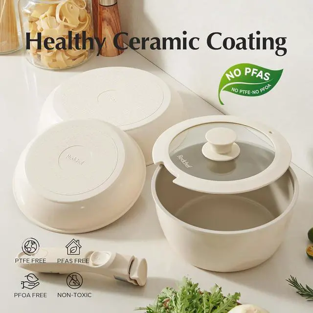 Alt view image 2 of 7 - Redchef Ceramic Pots and Pans Set, Nonstick Kitchen Cookware Set with Detachable Handle, Non Toxic Cookware Set 16pcs, PFAS PFOA & PTFE Free, RV Ceramic Cookware Set for Camping, Dishwasher/Oven Safe