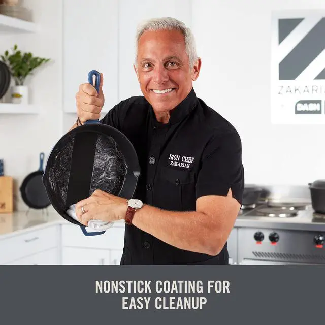 Alt view image 4 of 7 - DASH Zakarian by Dash 9"x13" Nonstick Cast Iron Pan with Pour Spout and Removable Silicone Grips for Searing, Baking, Broiling, Grilling and more - Blue