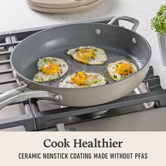 Alt view image 5 of 7 - Calphalon® Premier Ceramic Nonstick 12" Frying Pan with Lid, Mushroom Grey