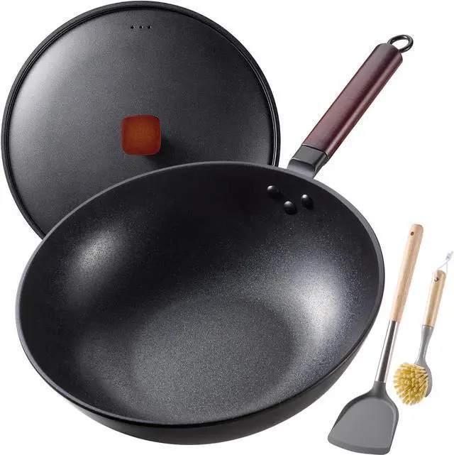 Main image of Carbon Steel Wok -13 Inch Woks & Stir-fry Pans Nonstick, Wok Pan with Lid Spatula and Dish Brush: Pre-Seasoned Flat Bottom Chinese Woks for Induction, Electric, Gas, All Stoves