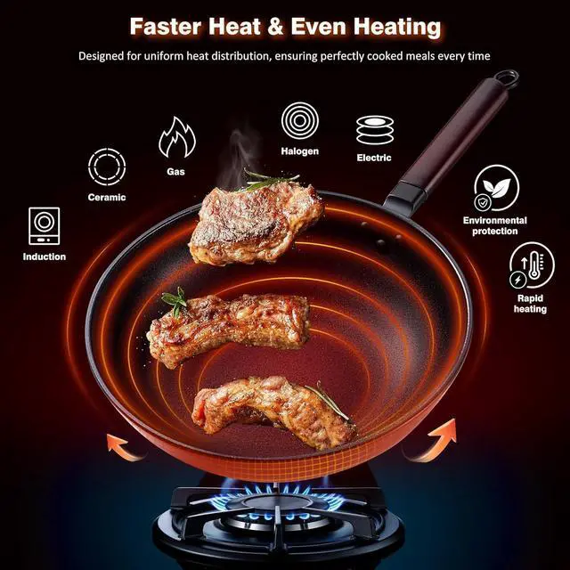 Alt view image 2 of 7 - Carbon Steel Wok -13 Inch Woks & Stir-fry Pans Nonstick, Wok Pan with Lid Spatula and Dish Brush: Pre-Seasoned Flat Bottom Chinese Woks for Induction, Electric, Gas, All Stoves