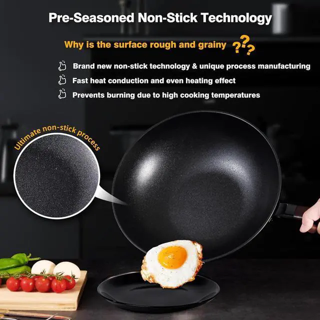 Alt view image 3 of 7 - Carbon Steel Wok -13 Inch Woks & Stir-fry Pans Nonstick, Wok Pan with Lid Spatula and Dish Brush: Pre-Seasoned Flat Bottom Chinese Woks for Induction, Electric, Gas, All Stoves