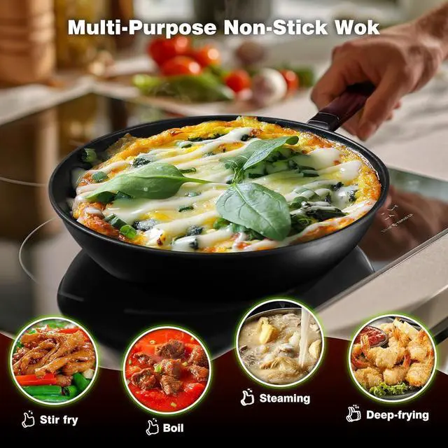 Alt view image 7 of 7 - Carbon Steel Wok -13 Inch Woks & Stir-fry Pans Nonstick, Wok Pan with Lid Spatula and Dish Brush: Pre-Seasoned Flat Bottom Chinese Woks for Induction, Electric, Gas, All Stoves