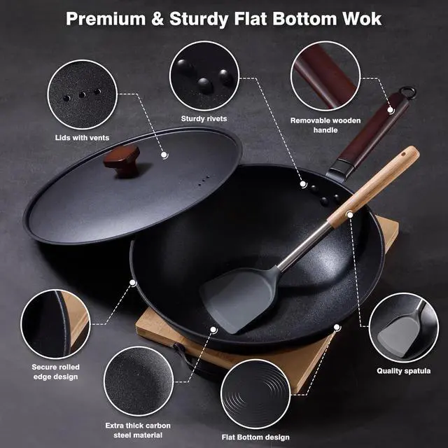 Alt view image 4 of 7 - Carbon Steel Wok -13 Inch Woks & Stir-fry Pans Nonstick, Wok Pan with Lid Spatula and Dish Brush: Pre-Seasoned Flat Bottom Chinese Woks for Induction, Electric, Gas, All Stoves