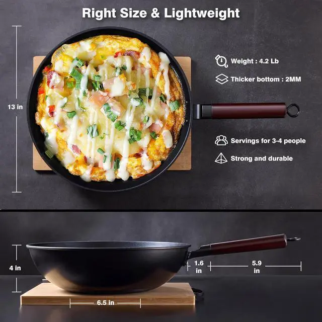 Alt view image 6 of 7 - Carbon Steel Wok -13 Inch Woks & Stir-fry Pans Nonstick, Wok Pan with Lid Spatula and Dish Brush: Pre-Seasoned Flat Bottom Chinese Woks for Induction, Electric, Gas, All Stoves