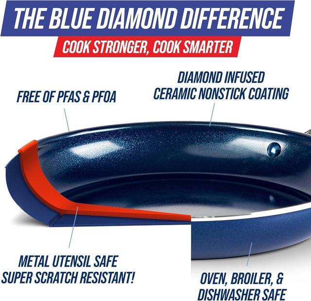Alt view image 4 of 7 - Blue Diamond 5QT Saute Pan Jumbo Cooker Skillet with Helper Handle and Lid, Non-Toxic PFAS-Free Diamond Infused Healthy Ceramic Nonstick, Dishwasher Safe, Oven Safe, Metal Utensil Safe, Blue