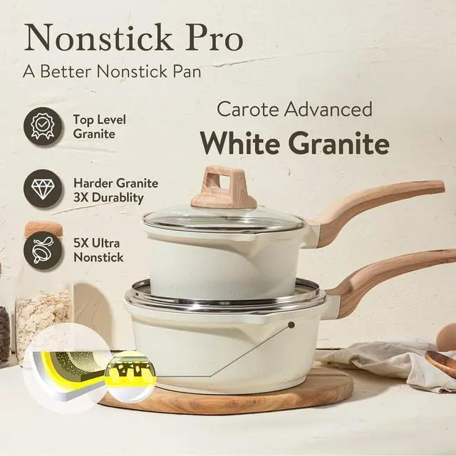 Alt view image 2 of 7 - CAROTE 1.5Qt & 3.0Qt Sauce Pan Set with Lid Nonstick Saucepan 4 Pcs Non Stick Sauce Pots Cooking Pot with Pour Spout, Easy to Clean, Small Kitchen Pots Induction Pot, PFOA FREE (White Granite)