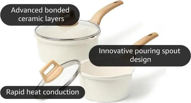 Alt view image 4 of 7 - CAROTE 1.5Qt & 3.0Qt Sauce Pan Set with Lid Nonstick Saucepan 4 Pcs Non Stick Sauce Pots Cooking Pot with Pour Spout, Easy to Clean, Small Kitchen Pots Induction Pot, PFOA FREE (White Granite)