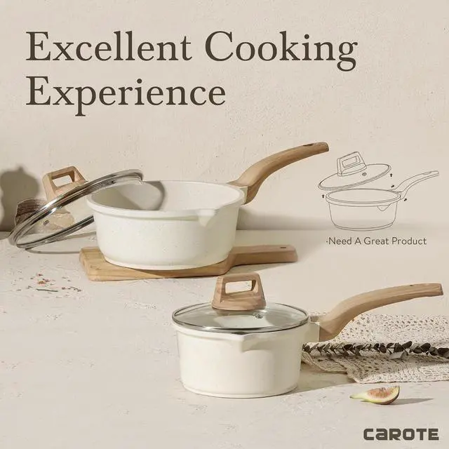 Alt view image 7 of 7 - CAROTE 1.5Qt & 3.0Qt Sauce Pan Set with Lid Nonstick Saucepan 4 Pcs Non Stick Sauce Pots Cooking Pot with Pour Spout, Easy to Clean, Small Kitchen Pots Induction Pot, PFOA FREE (White Granite)