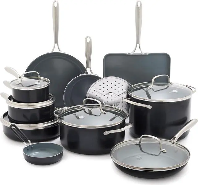Main image of GreenPan Swift 17 Piece Cookware Set, Non-Toxic PFAS-Free Ceramic Nonstick, Stainless Steel Handles, Pots, Pans, Lids, Grill, Griddle, Sauté & Saucepans, Dishwasher & Oven Safe, Gray