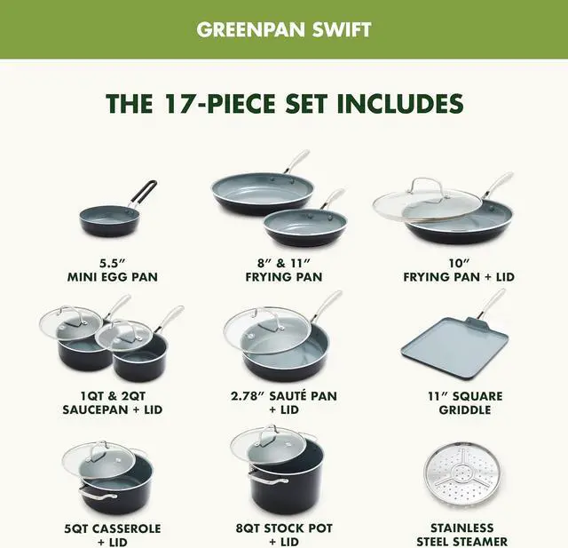 Alt view image 3 of 7 - GreenPan Swift 17 Piece Cookware Set, Non-Toxic PFAS-Free Ceramic Nonstick, Stainless Steel Handles, Pots, Pans, Lids, Grill, Griddle, Sauté & Saucepans, Dishwasher & Oven Safe, Gray