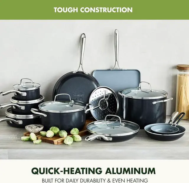 Alt view image 5 of 7 - GreenPan Swift 17 Piece Cookware Set, Non-Toxic PFAS-Free Ceramic Nonstick, Stainless Steel Handles, Pots, Pans, Lids, Grill, Griddle, Sauté & Saucepans, Dishwasher & Oven Safe, Gray