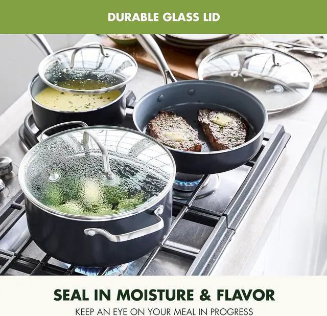Alt view image 6 of 7 - GreenPan Swift 17 Piece Cookware Set, Non-Toxic PFAS-Free Ceramic Nonstick, Stainless Steel Handles, Pots, Pans, Lids, Grill, Griddle, Sauté & Saucepans, Dishwasher & Oven Safe, Gray