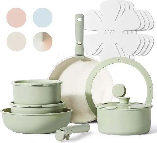 Main image of CAROTE Pots and Pans Set, Nonstick Cookware Set Detachable Handle, 15pcs Induction Kitchen Cookware Sets Non Stick with Removable Handle, RV Cookware Set, Oven Safe, Sage Green
