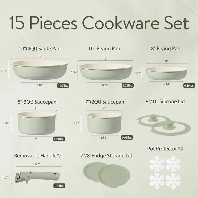 Alt view image 2 of 7 - CAROTE Pots and Pans Set, Nonstick Cookware Set Detachable Handle, 15pcs Induction Kitchen Cookware Sets Non Stick with Removable Handle, RV Cookware Set, Oven Safe, Sage Green
