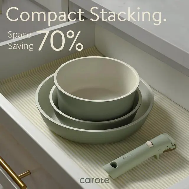 Alt view image 6 of 7 - CAROTE Pots and Pans Set, Nonstick Cookware Set Detachable Handle, 15pcs Induction Kitchen Cookware Sets Non Stick with Removable Handle, RV Cookware Set, Oven Safe, Sage Green