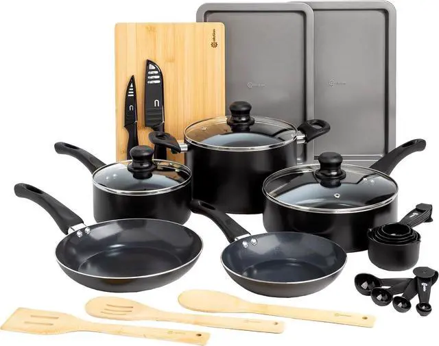 Main image of Ecolution Easy Clean Ceramic Nonstick Cookware Set, Dishwasher Safe Kitchen Pots and Pans Set, Comfort Grip Handle, Even Heating, Ultimate Food Release, 26-Piece, Black