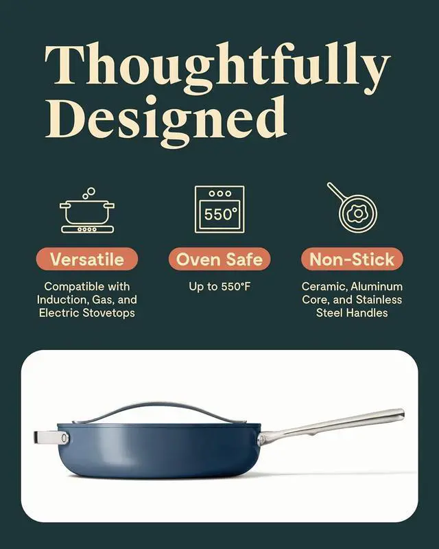 Alt view image 3 of 7 - Caraway Nonstick Ceramic Sauté Pan with Lid (4.5 qt, 11.8") - Non Toxic, PTFE & PFOA Free - Oven Safe & Compatible with All Stovetops (Gas, Electric & Induction) - Navy
