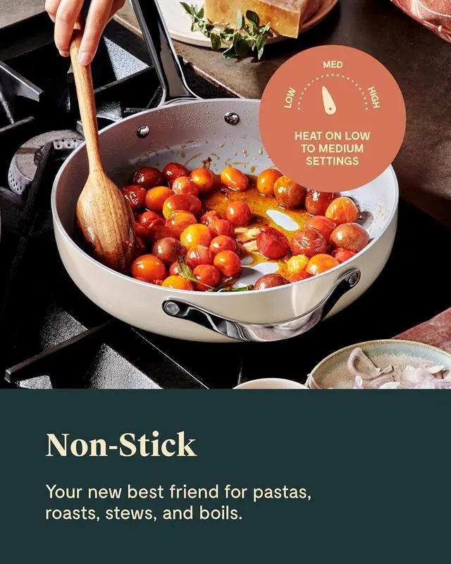 Alt view image 4 of 7 - Caraway Nonstick Ceramic Sauté Pan with Lid (4.5 qt, 11.8") - Non Toxic, PTFE & PFOA Free - Oven Safe & Compatible with All Stovetops (Gas, Electric & Induction) - Sage