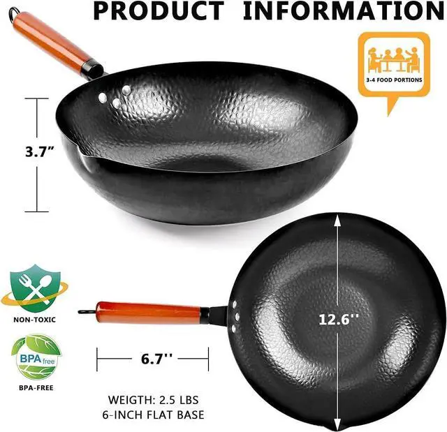 Alt view image 2 of 7 - Carbon Steel Wok Pan, 14 Piece Woks & Stir-Fry Pans Set with Wooden Lid Cookwares, No Chemical Coated Flat Bottom Chinese Pan for Induction, Electric, Gas, Halogen All Stoves - 12.6''
