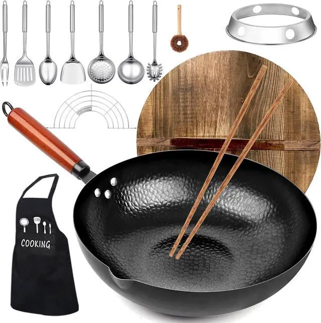 Main image of Carbon Steel Wok Pan, 14 Piece Woks & Stir-Fry Pans Set with Wooden Lid Cookwares, No Chemical Coated Flat Bottom Chinese Pan for Induction, Electric, Gas, Halogen All Stoves - 12.6''
