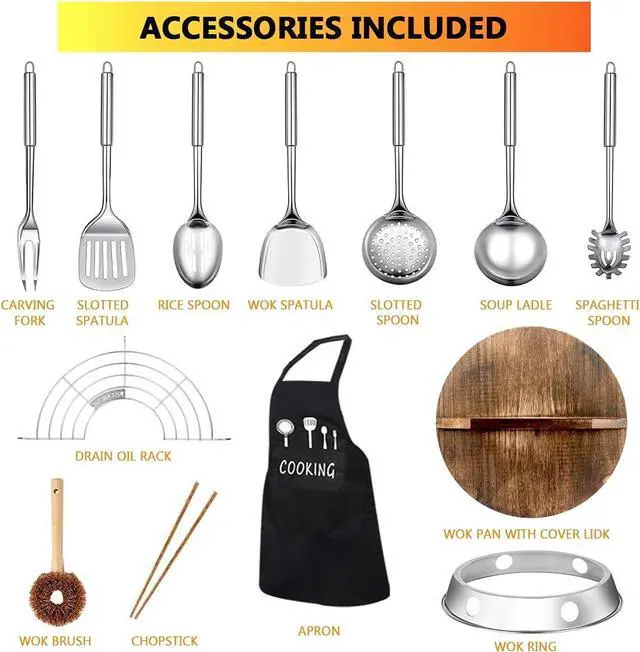 Alt view image 3 of 7 - Carbon Steel Wok Pan, 14 Piece Woks & Stir-Fry Pans Set with Wooden Lid Cookwares, No Chemical Coated Flat Bottom Chinese Pan for Induction, Electric, Gas, Halogen All Stoves - 12.6''