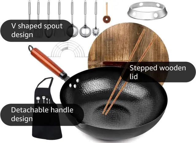 Alt view image 4 of 7 - Carbon Steel Wok Pan, 14 Piece Woks & Stir-Fry Pans Set with Wooden Lid Cookwares, No Chemical Coated Flat Bottom Chinese Pan for Induction, Electric, Gas, Halogen All Stoves - 12.6''