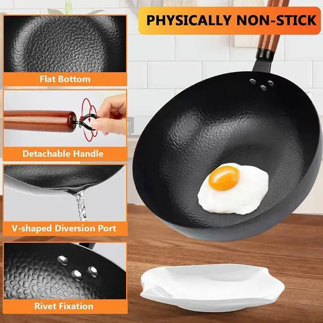 Alt view image 6 of 7 - Carbon Steel Wok Pan, 14 Piece Woks & Stir-Fry Pans Set with Wooden Lid Cookwares, No Chemical Coated Flat Bottom Chinese Pan for Induction, Electric, Gas, Halogen All Stoves - 12.6''