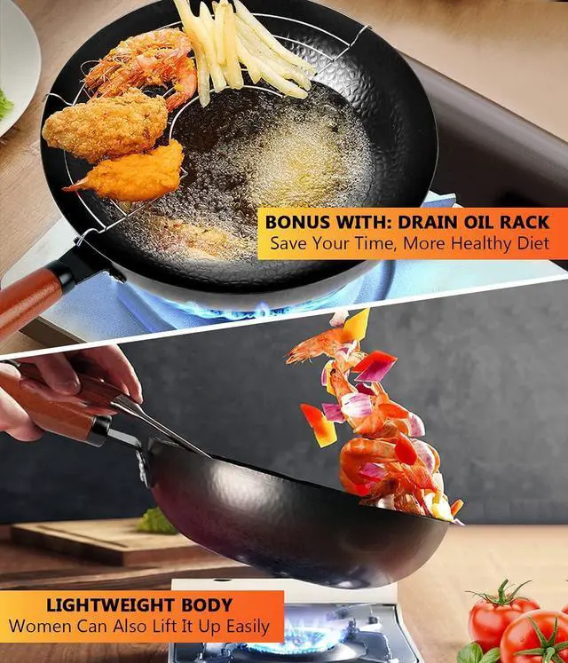 Alt view image 7 of 7 - Carbon Steel Wok Pan, 14 Piece Woks & Stir-Fry Pans Set with Wooden Lid Cookwares, No Chemical Coated Flat Bottom Chinese Pan for Induction, Electric, Gas, Halogen All Stoves - 12.6''