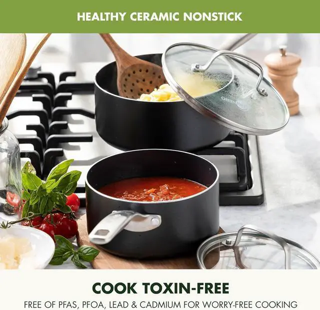 Alt view image 2 of 7 - GreenPan Prime Chatham 1QT & 2QT Saucepan Pot Set with Glass Lids, Hard Anodized Diamond Infused Ceramic Nonstick, PFAS-Free, Dishwasher Safe, Oven Safe, Multipurpose Chefs Pan, Stay-Cool Handle,Black