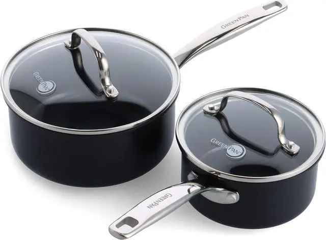 Main image of GreenPan Prime Chatham 1QT & 2QT Saucepan Pot Set with Glass Lids, Hard Anodized Diamond Infused Ceramic Nonstick, PFAS-Free, Dishwasher Safe, Oven Safe, Multipurpose Chefs Pan, Stay-Cool Handle,Black