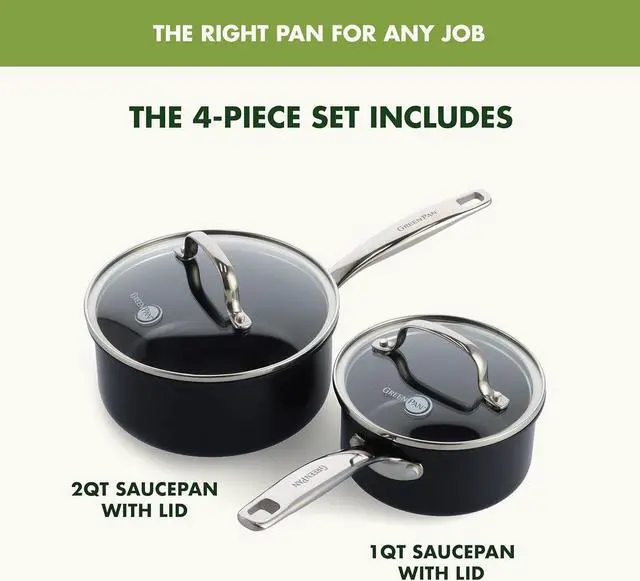Alt view image 3 of 7 - GreenPan Prime Chatham 1QT & 2QT Saucepan Pot Set with Glass Lids, Hard Anodized Diamond Infused Ceramic Nonstick, PFAS-Free, Dishwasher Safe, Oven Safe, Multipurpose Chefs Pan, Stay-Cool Handle,Black