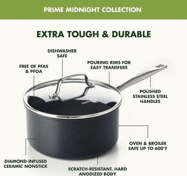 Alt view image 4 of 7 - GreenPan Prime Chatham 1QT & 2QT Saucepan Pot Set with Glass Lids, Hard Anodized Diamond Infused Ceramic Nonstick, PFAS-Free, Dishwasher Safe, Oven Safe, Multipurpose Chefs Pan, Stay-Cool Handle,Black
