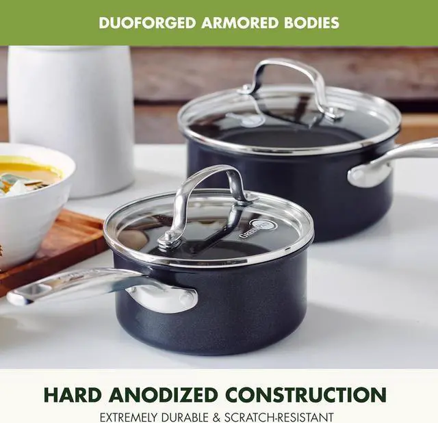 Alt view image 5 of 7 - GreenPan Prime Chatham 1QT & 2QT Saucepan Pot Set with Glass Lids, Hard Anodized Diamond Infused Ceramic Nonstick, PFAS-Free, Dishwasher Safe, Oven Safe, Multipurpose Chefs Pan, Stay-Cool Handle,Black