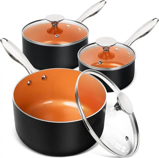Main image of MICHELANGELO Sauce Pan Set, Ultra Nonstick Saucepan Set of 3, Ceramic Saucepans with Lids, 1 Qt & 2 Qt & 3 Qt Small Pot Set, Copper Sauce Pan with Lid