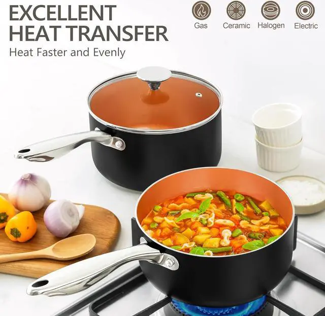 Alt view image 3 of 7 - MICHELANGELO Sauce Pan Set, Ultra Nonstick Saucepan Set of 3, Ceramic Saucepans with Lids, 1 Qt & 2 Qt & 3 Qt Small Pot Set, Copper Sauce Pan with Lid