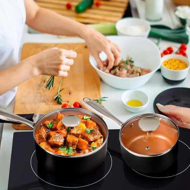 Alt view image 6 of 7 - MICHELANGELO Sauce Pan Set, Ultra Nonstick Saucepan Set of 3, Ceramic Saucepans with Lids, 1 Qt & 2 Qt & 3 Qt Small Pot Set, Copper Sauce Pan with Lid