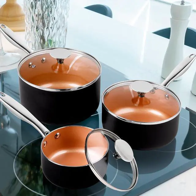 Alt view image 7 of 7 - MICHELANGELO Sauce Pan Set, Ultra Nonstick Saucepan Set of 3, Ceramic Saucepans with Lids, 1 Qt & 2 Qt & 3 Qt Small Pot Set, Copper Sauce Pan with Lid