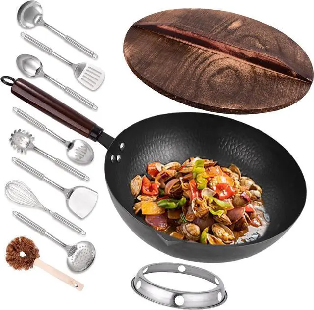 Main image of 12.8" Carbon Steel Wok-11Pcs Woks & Stir Fry Pans Wok Pan with Lid, No Chemical Coated Chinese Wok with 10 Cookware Accessories, Flat Bottom Wok for Electric, Induction,Gas Stoves