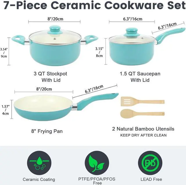 Alt view image 2 of 6 - Pots and Pans Set, 7 Piece Nonstick Ceramic Cookware Set, Induction Kitchen Cookware Sets, Pots and Pans Non Stick with Stay Cool Handle, 100% PFOA Free, Turquoise