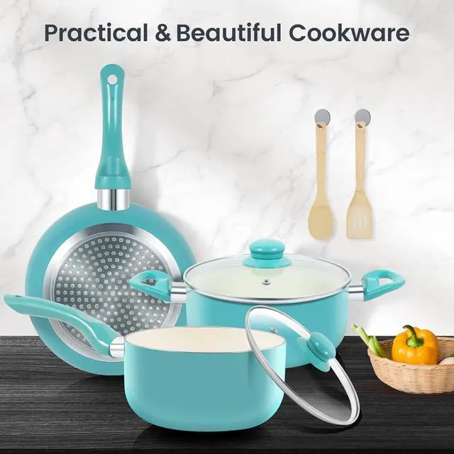 Alt view image 6 of 6 - Pots and Pans Set, 7 Piece Nonstick Ceramic Cookware Set, Induction Kitchen Cookware Sets, Pots and Pans Non Stick with Stay Cool Handle, 100% PFOA Free, Turquoise