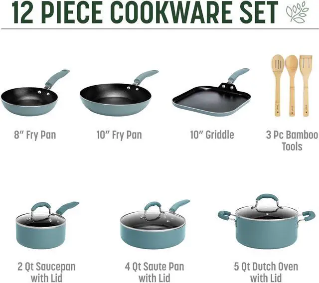 Alt view image 2 of 7 - Goodful Ceramic Nonstick Pots and Pans Set, Premium Ceramic Coating Made without PFOA, PTFE or PFAS, Dishwasher Safe, 12-Piece, Turquoise