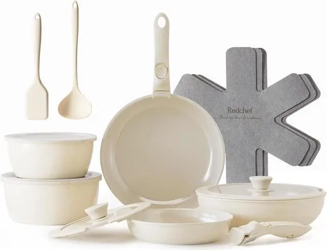 Main image of Redchef Ceramic Pots and Pans Set, Nonstick Kitchen Cookware Set with Detachable Handle, Non Toxic Cookware Set 16pcs, PFAS PFOA & PTFE Free, RV Ceramic Cookware Set for Camping, Dishwasher/Oven Safe