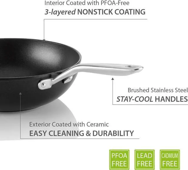 Alt view image 5 of 7 - TECHEF - Onyx Collection, 12" Nonstick Flat Bottom Wok/Stir-Fry Pan with Glass Lid, PFOA Free, Dishwasher and Oven Safe, Made in Korea