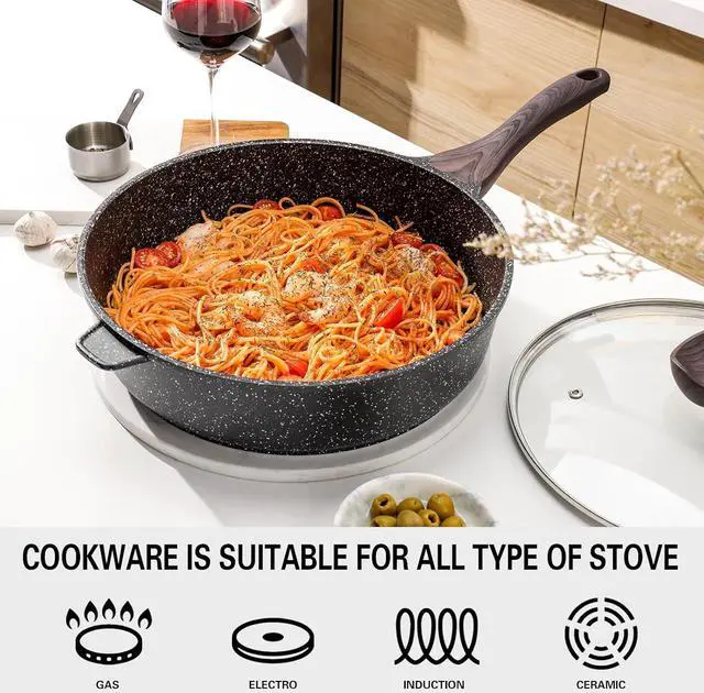Alt view image 3 of 6 - Nonstick Deep Frying Pan with Lid, 11 Inch Non Stick Skillet, Saute Pan for Cooking, Healthy Non Toxic Chef Pan, Induction Cookware, PFOA Free