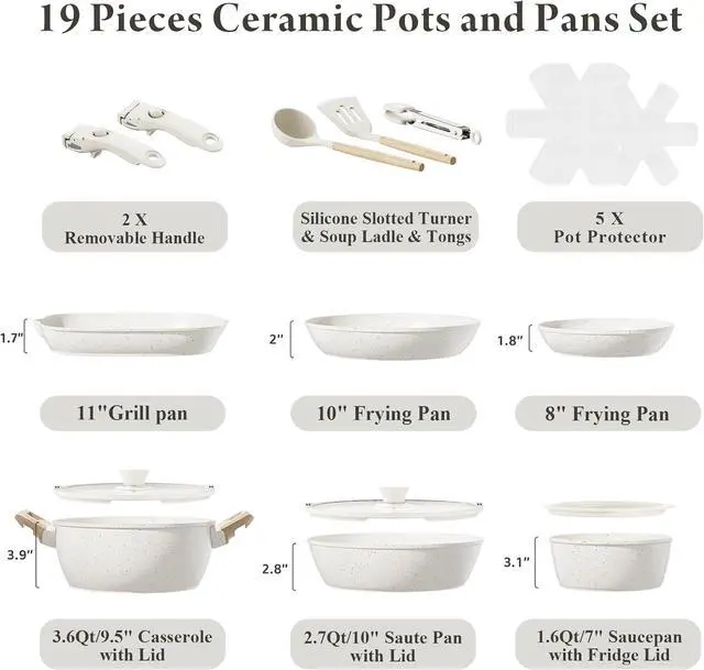 Alt view image 2 of 7 - 19 Pcs Pots and Pans Set Non Stick Ceramic Cookware Set with Removable Handles, Non Toxic Induction Kitchen Cookware Sets RV Cookware,Dishwasher/Oven Safe PFAS/PTFE/PFOA Free Cream White